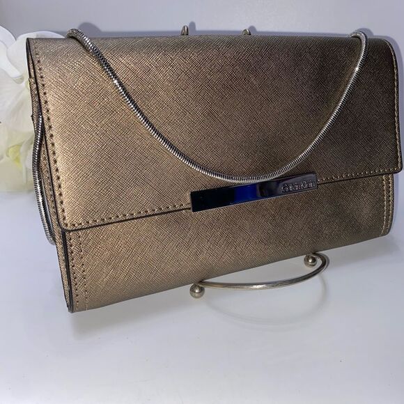 Calvin Klein Saffiano Leather Shoulder Purse Gold Small - Picture 2 of 14
